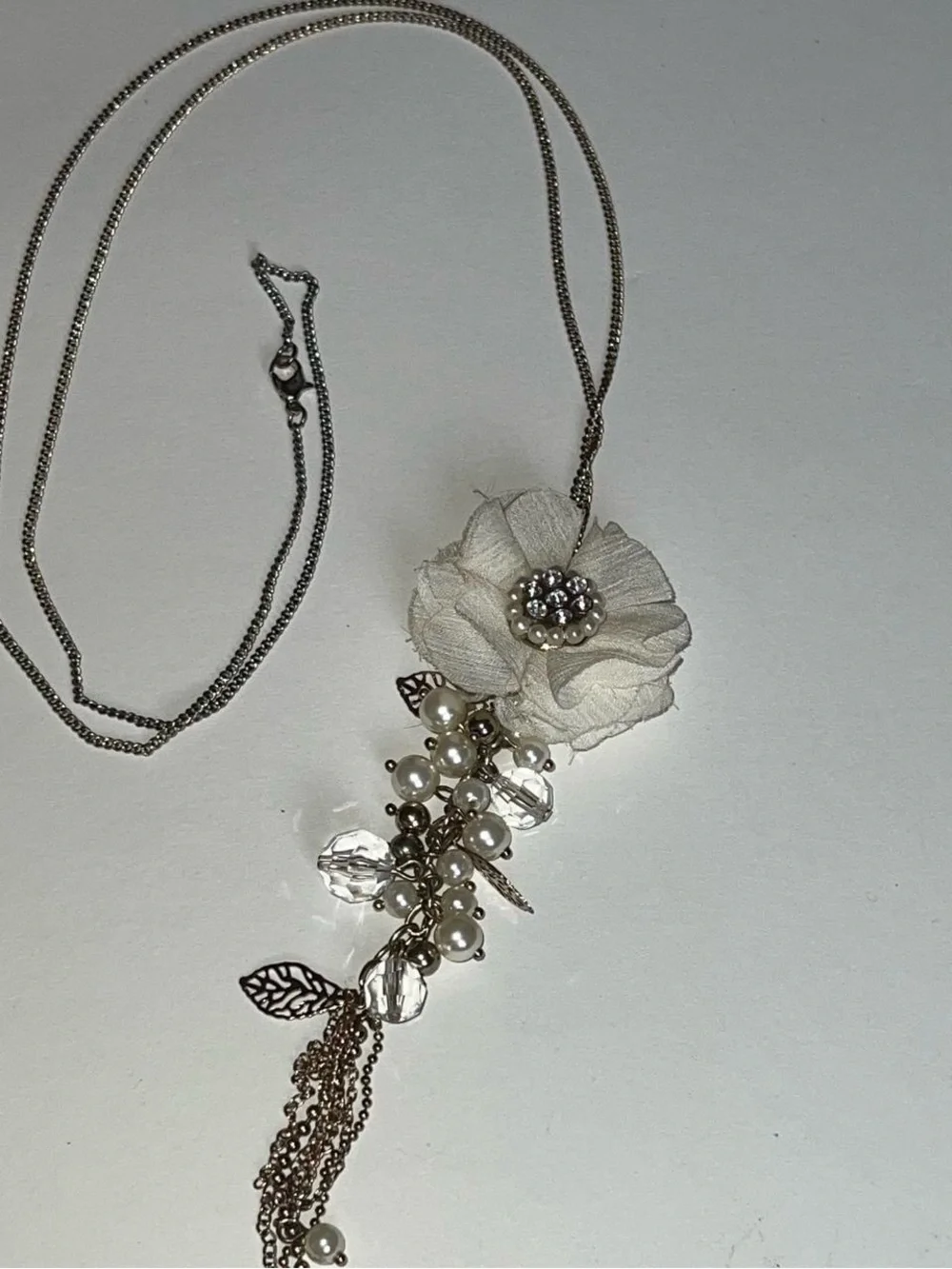 Ivory Floral Pendant Necklace with Pearl and Crystal Accents